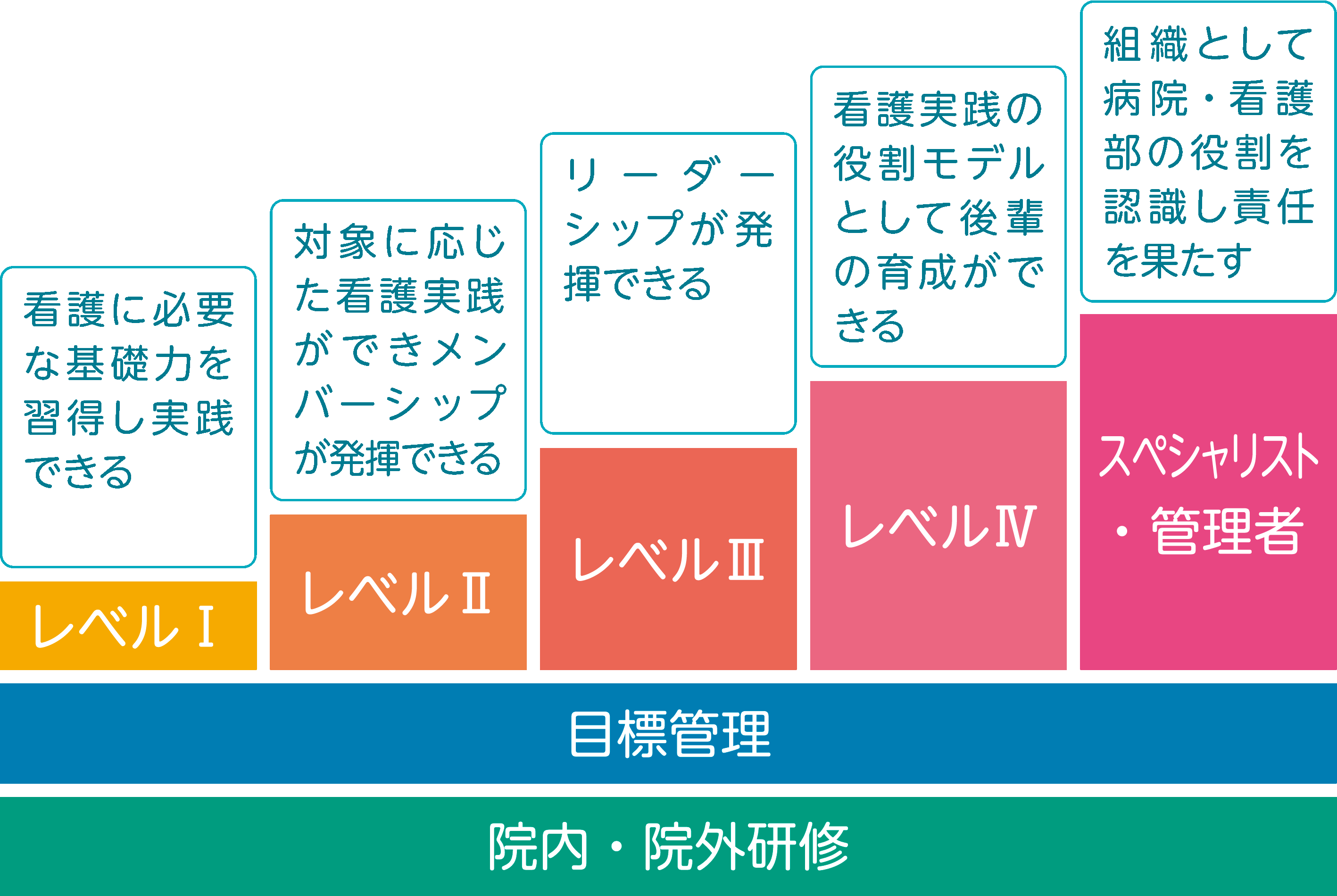 クリニカルラダーのイメージ。院内・院外研修。目標管理。レベル1、看護に必要な基礎力を習得し実践できる。レベル2、対象に応じた看護実践ができメンバーシップが発揮できる。レベル3、リーダーシップが発揮できる。レベル4、看護実践の役割モデルとして後輩の育成ができる。スペシャリスト・管理者、組織として病院・看護部の役割を認識し責任を果たす。